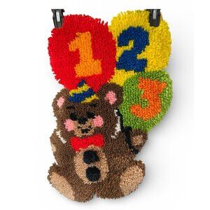 Vintage Bucilla Latch Hook Wall Hanging Rug Completed Birthday Bear 123 Balloons